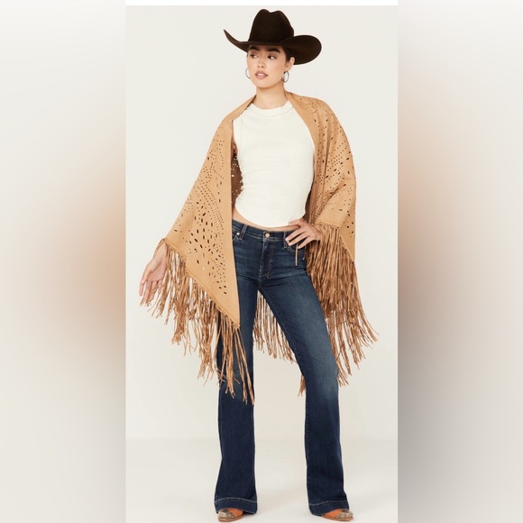 Elan Jackets & Blazers - Women's Faux Suede Shawls Fringe Lace Poncho Cape